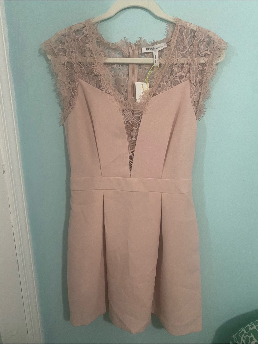 BCBGeneration Blush Pink Lace-Detail Mini Dress